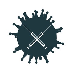 Abstract image relative to vaccination. Virus model and crossed syringe silhouettes.