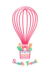 Color graphic icon or logo for sweets shop, street bakery or catering. Whisk in image of air balloon with basket of ingredients for desserts. Vector illustration isolated on white background.