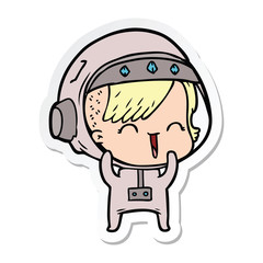 sticker of a cartoon laughing astronaut girl
