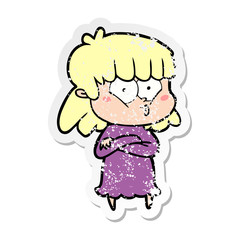 distressed sticker of a cartoon whistling girl