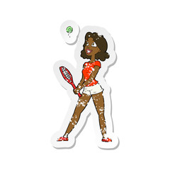 retro distressed sticker of a cartoon woman playing tennis