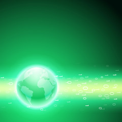 Stream of binary code to the globe. Green background.