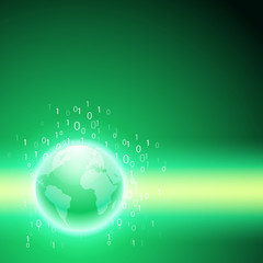 Stream of binary code to the globe. Green background.