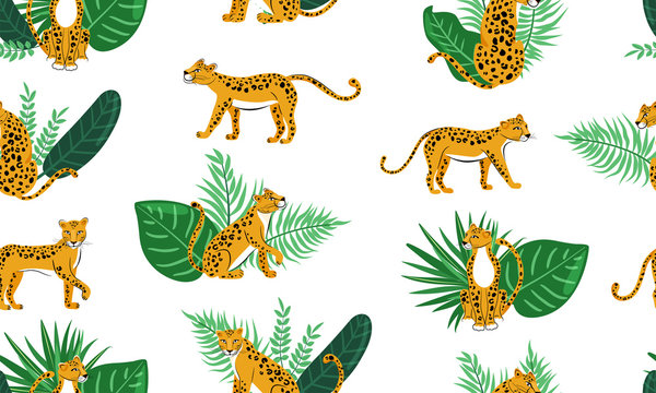 Leopard seamless pattern. Composition with cute  leopards and tropical leaves isolated on white background. Vector illustration for textile, postcard, fabric; wrapping paper, background, packaging.