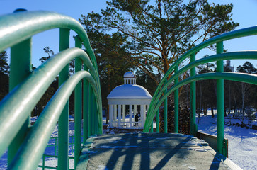 View through the railing of the bridge to the rotunda