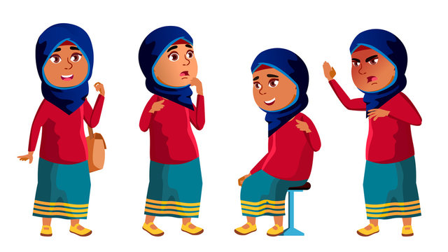 Arab, Muslim Girl Kid Poses Set Vector. High School Child. child, pupil. Active, Joy, Leisure. For Banner, Flyer, Brochure Design. Isolated Cartoon Illustration