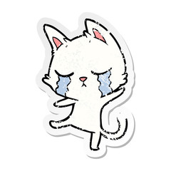 distressed sticker of a crying cartoon cat performing a dance