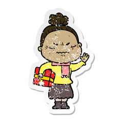 distressed sticker of a cartoon annoyed old lady