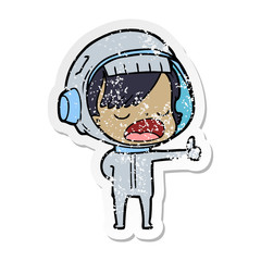 distressed sticker of a cartoon astronaut woman explaining