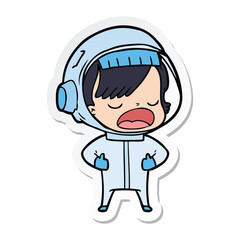 sticker of a cartoon astronaut woman explaining
