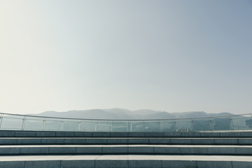 outdoor viewpoint at sky roof of building with beautiful mountain scenery