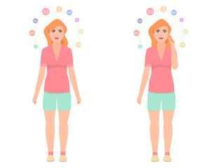 Vitamins or nutrients for hair, a woman with beautiful hair on her head, happy girl in cartoon style