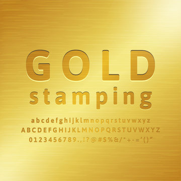 3d Alphabet gold stamping font effect with realistic golden metal fill
