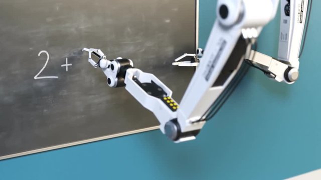 Sci-fi concept of the advanced futuristic robot writing  simple math equation.