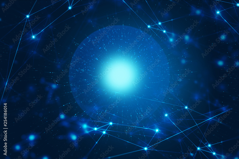 Poster world of particle ai tech neon glow wave futuristic network background illustration, cyber space tim