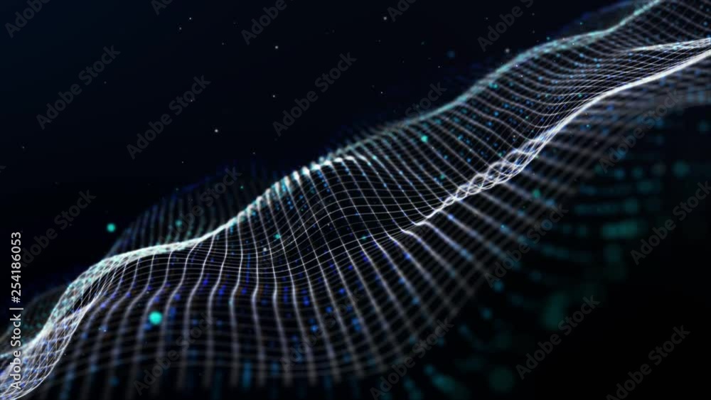 Poster Futuristic digital grid abstract luxurious sparkling wave particles grid de-focus for festive season and holiday loop background