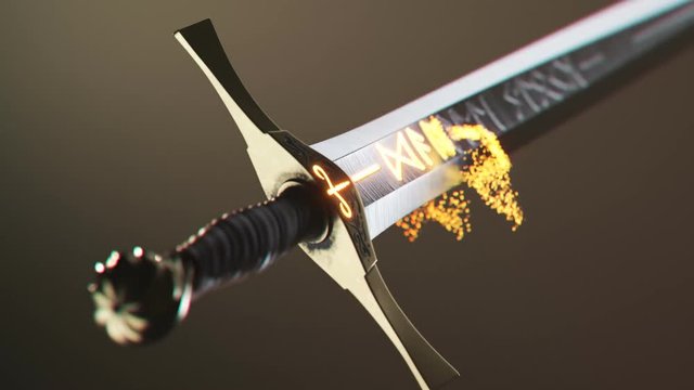 Ancient runic enchanted sword slowly gaining its power. Fire particle runes 4KHD