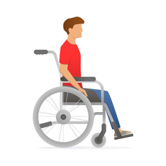 Disabled man sitting in wheelchair. Unable character. Vector