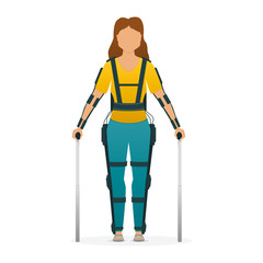 Disabled woman stay with medical exoskeleton. Medicine of the future, bionics technology. Vector.