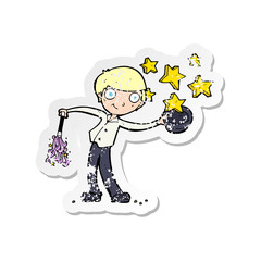 retro distressed sticker of a cartoon man in bolwer hat