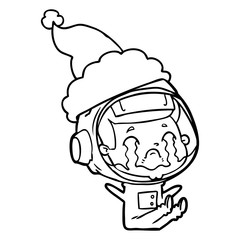 line drawing of a crying astronaut wearing santa hat