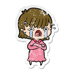 distressed sticker of a cartoon girl crying