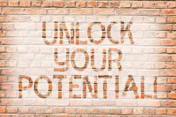 Fototapeta na wymiar Text sign showing Unlock Your Potential. Business photo text access your true skills and powers Believe in yourself Brick Wall art like Graffiti motivational call written on the wall
