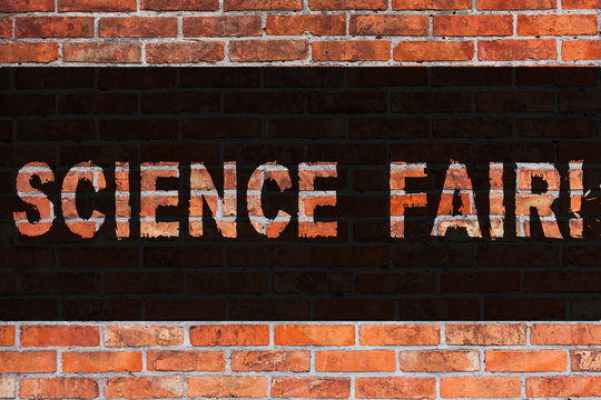 Text sign showing Science Fair. Business photo showcasing School competition where contestants present projects Brick Wall art like Graffiti motivational call written on the wall