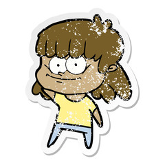 distressed sticker of a cartoon girl smiling