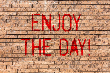 Word writing text Enjoy The Day. Business photo showcasing Enjoyment Happy Lifestyle Relaxing Time Brick Wall art like Graffiti motivational call written on the wall