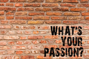 Handwriting text writing What S Your Passionquestion. Conceptual photo asking someone about his dreams and hopes Brick Wall art like Graffiti motivational call written on the wall