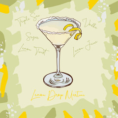 Lemon Drop Martini Contemporary classic cocktail illustration. Alcoholic bar drink hand drawn vector. Pop art - 254191260