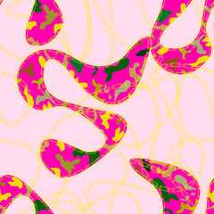 geometric figures with camouflage texture with golden chains on a light pink color
