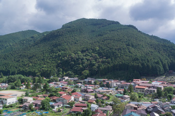 Fototapeta na wymiar Aerial view of tenkawa village with summer color, Japan.