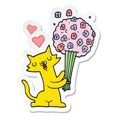 sticker of a cartoon cat in love with flowers