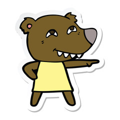 sticker of a cartoon pointing bear girl showing teeth