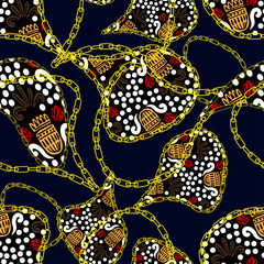 Naklejka premium abstract figures with floral ornaments decorated with golden chains on a dark blue color