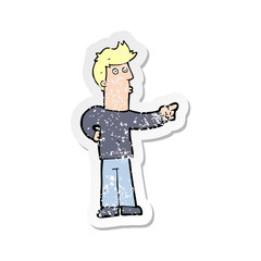 retro distressed sticker of a cartoon curious man pointing