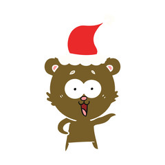 laughing teddy  bear flat color illustration of a wearing santa hat
