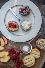Polish cuisine - crispy, baked bread with yogurt, cinnamon, chilli, apples and raspberries