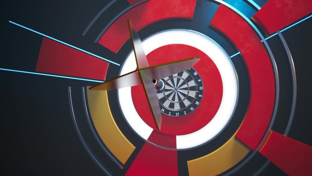 Player throwing a dart hitting perfectly in the bullseye of the dartboard.