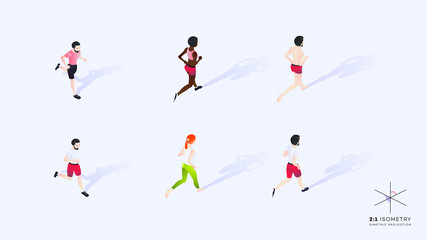 3d Running People. Conceptual Isometric Illustration. Dimetric Video Game Ready Projection.