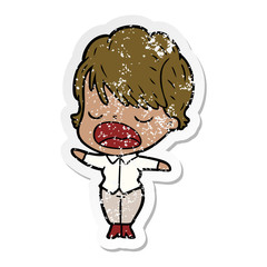 distressed sticker of a cartoon woman talking