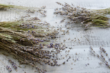 dry lavender flowers on a wooden board