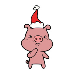 line drawing of a angry pig wearing santa hat