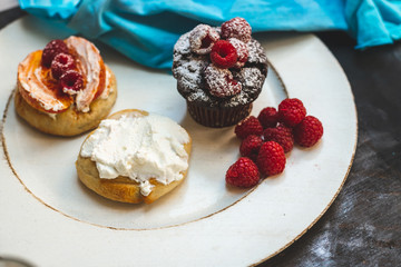Polish cuisine - crispy, baked bread with yogurt, cinnamon, chilli, apples and raspberries