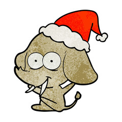 happy textured cartoon of a elephant wearing santa hat