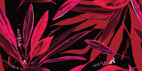 Modny kwiatowy wzór. Różowe i czerwone liście na czarnym tle. Ilustracja wektorowa rysowane ręcznie. - 254194826