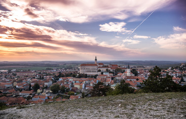 View of the town of Mikulov at sunset, South Moravia