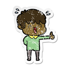 distressed sticker of a cartoon laughing boy